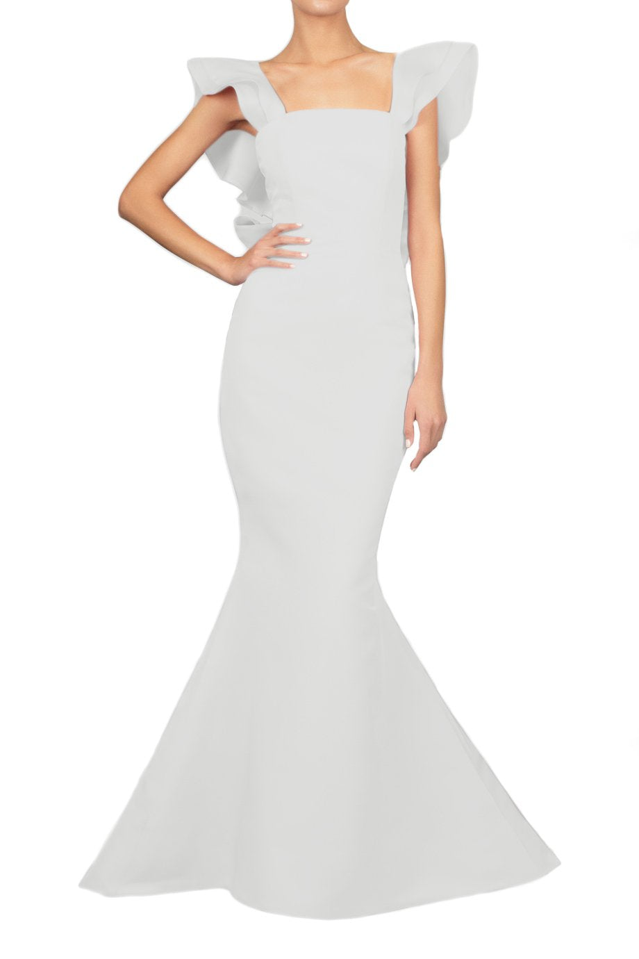 Front view of Amélie Gown in White showcasing ruffle straps, straight neckline, fitted bodice, and mermaid skirt with a white background