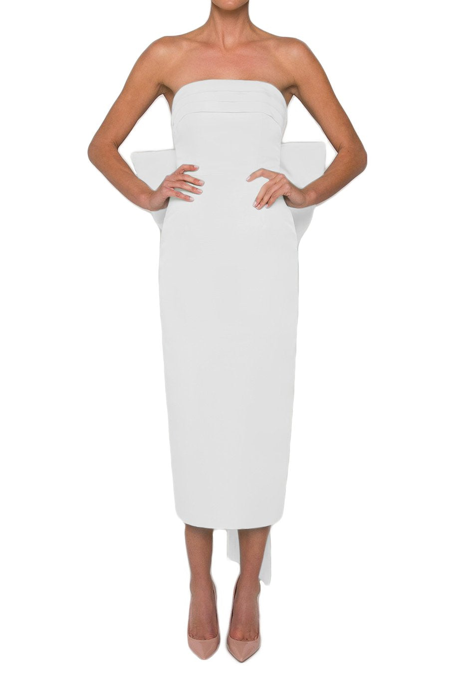 Front view of Margaret Dress in White showcasing its strapless pleated neckline and oversized bow with a white background