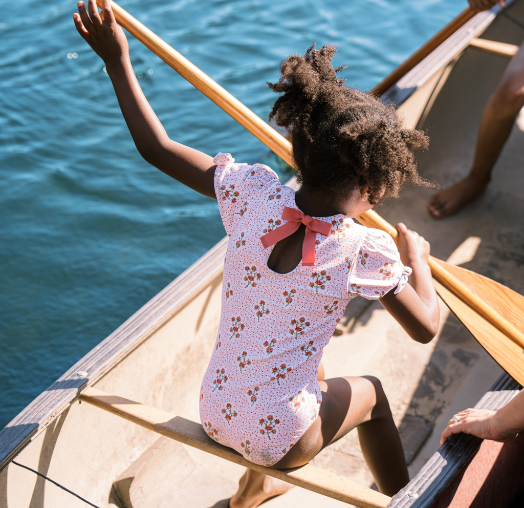 girls raspberry red puff sleeve one piece | minnow swim | Over The Moon