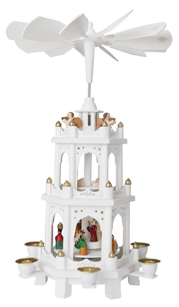 Christmas Pyramid 18" - White Wood Nativity Play - 3 Tier Carousel