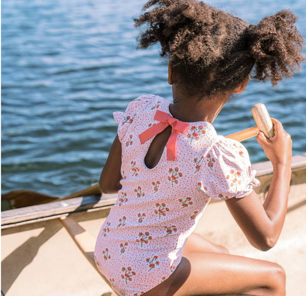 girls raspberry red puff sleeve one piece | minnow swim | Over The Moon