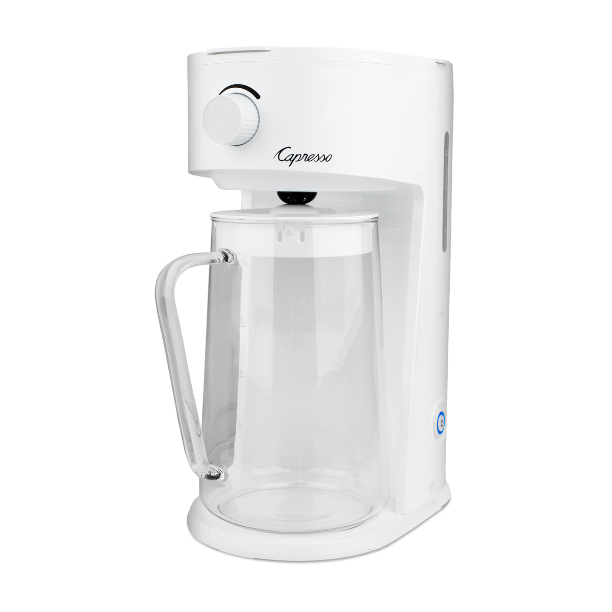 Three-quarter view of Capresso Iced Tea Select iced tea maker with clear glass pitcher and front control knob on white background