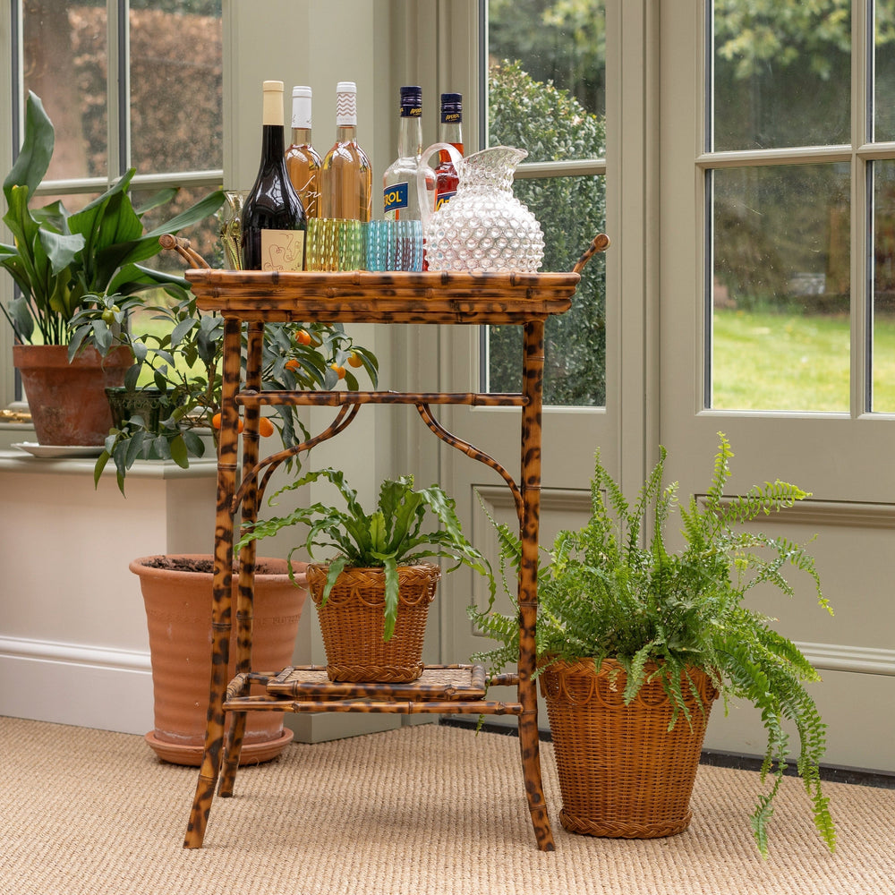 Two Pinet rattan plant pots, small and large, displayed with plants beside a woven tray table in a sunlit room