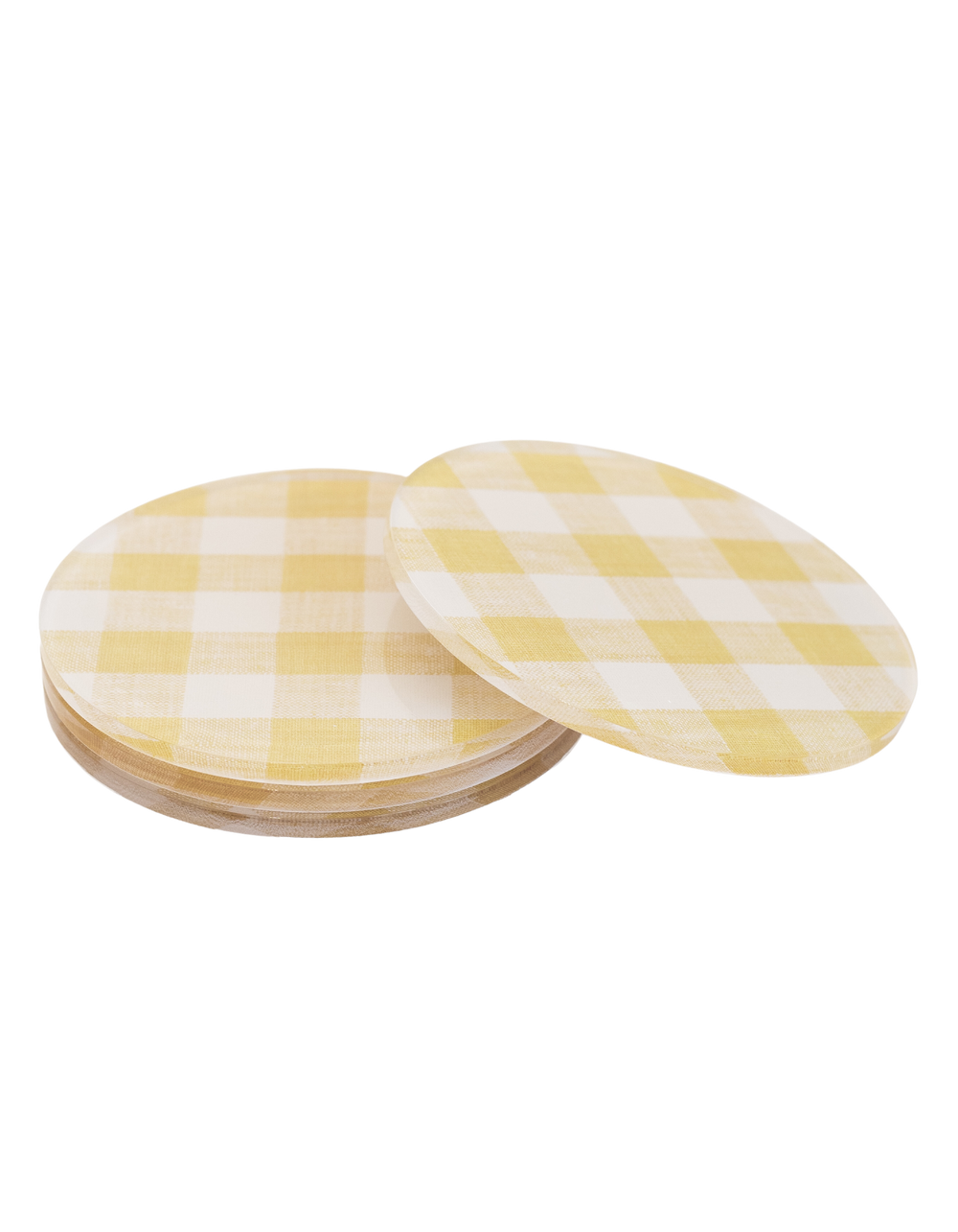 Angled view of Wadsworth Goldenrod Gingham coaster set, stack of four round coasters with yellow gingham on white background