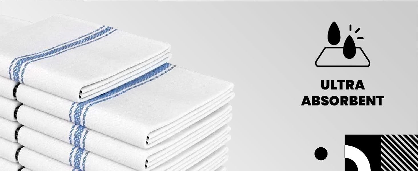 Zeppoli Classic Kitchen Towels - 15 Pack - 14" x 25" - 100% Natural Cotton Kitchen Dish Towels - Reusable Cleaning Cloths - Blue Tea Towels - Super Absorbent - Machine Washable Hand Towels
