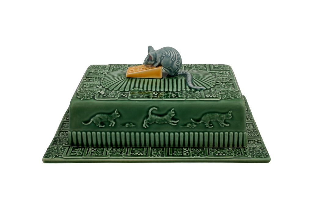 Front view of green Cheese Tray with Lid showcasing a mouse on cheese with a white background