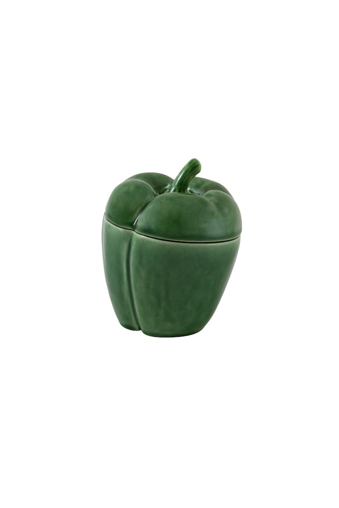 Front view of Pepper Box showcasing its green pepper-shaped design with a white background