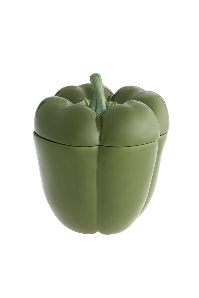 Front view of Pepper Box showcasing a green pepper-shaped design with a white background