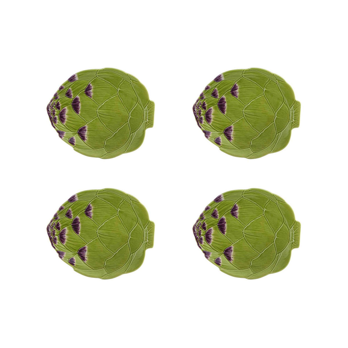 Front view of Artichoke Dinner Plate, Set of 4 showcasing raised artichoke leaf details and purple accents against a white background