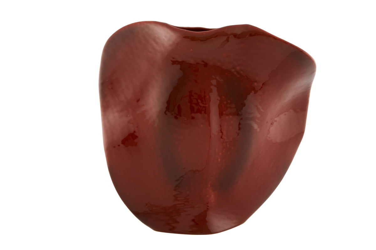 Front view of the Amazonia Vase showcasing its glossy reddish brown organic shape with a white background