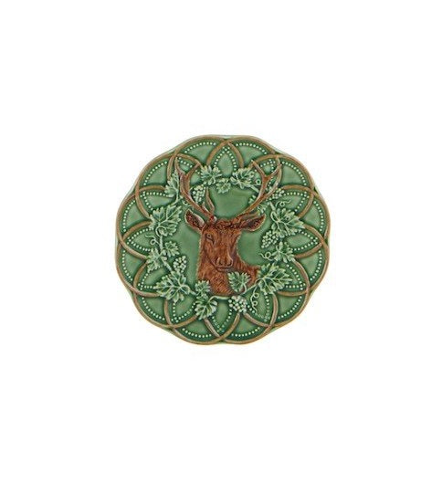 Top view of Woods Deer Bread & Butter Plate showcasing a rustic deer illustration and ornate green border on white