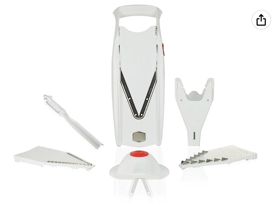 Borner V5 Plus Set straight from the manufacturer. Includes V5 Powerline Slicer,slicer Insert, 3,5mm and 7mm Blade Inserts,food Safety Holder,storage Box and Borner Combi-peeler (white)
