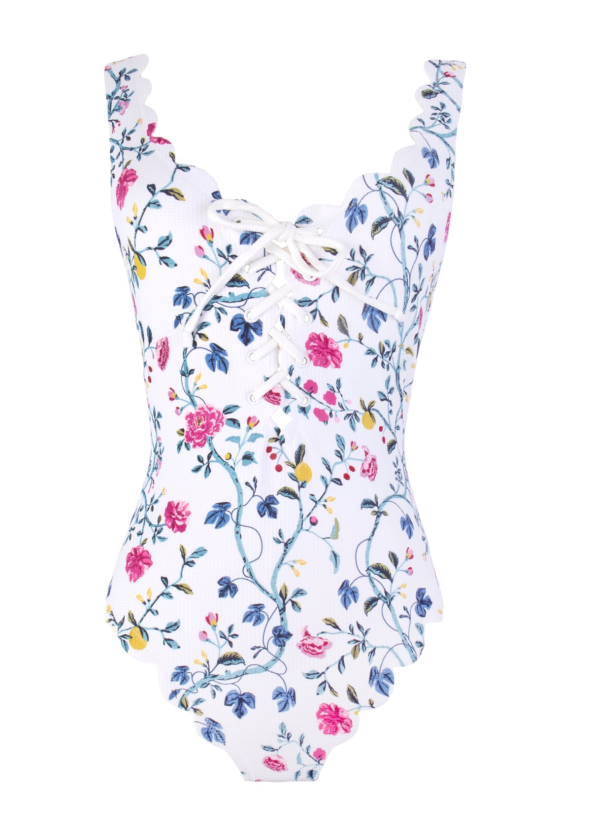 Front view of Palm Springs Tie Maillot showcasing tie straps and floral print on a white background