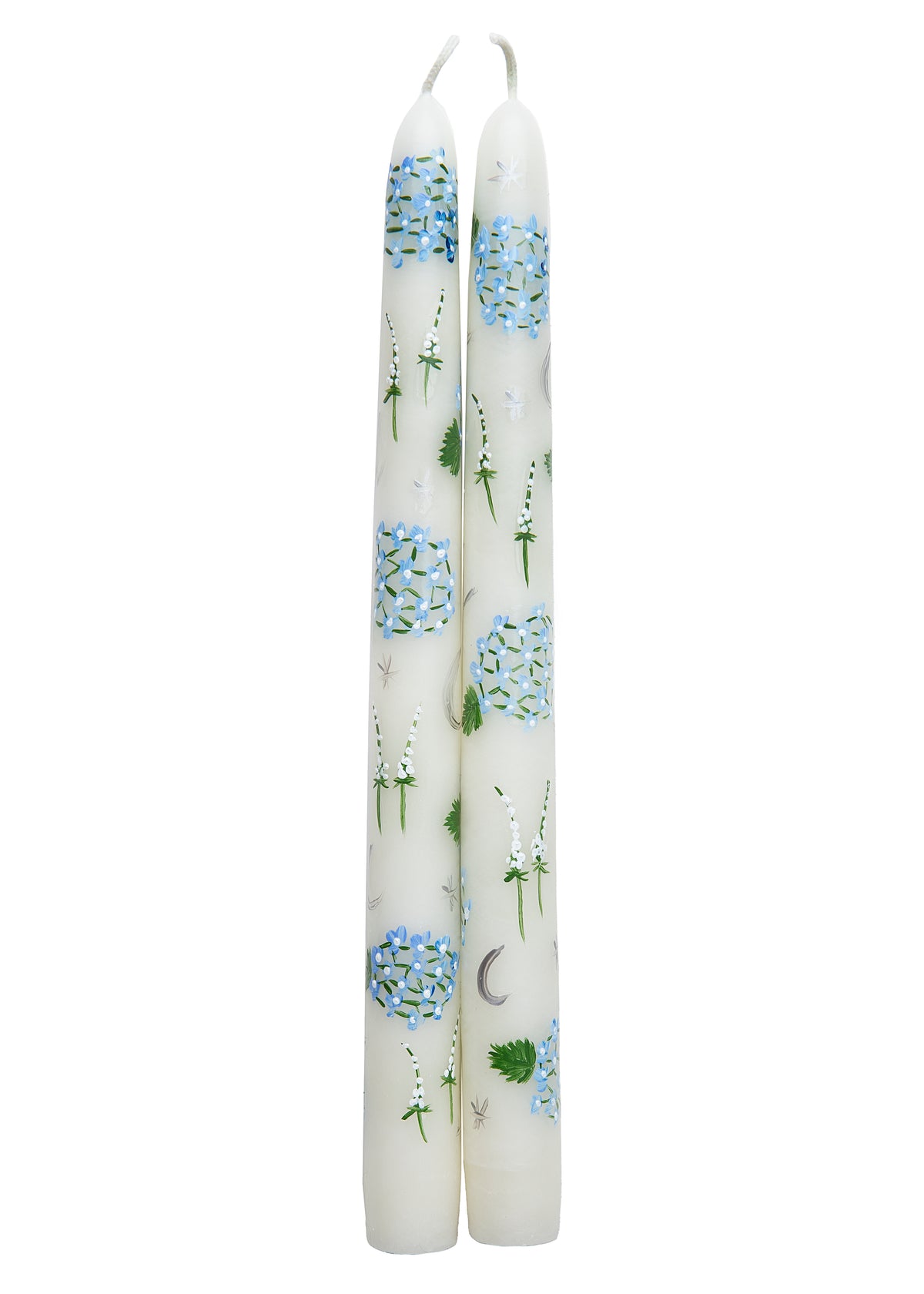 Front view of Ivory Evening Hydrangeas hand-painted taper candles, set of two, with blue flowers on an off-white background
