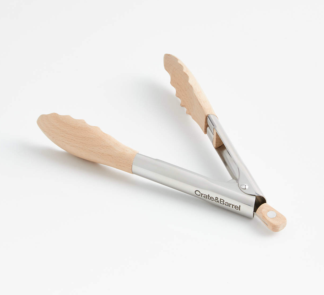 Crate & Barrel Beechwood and Stainless Steel Serving Tongs 9"