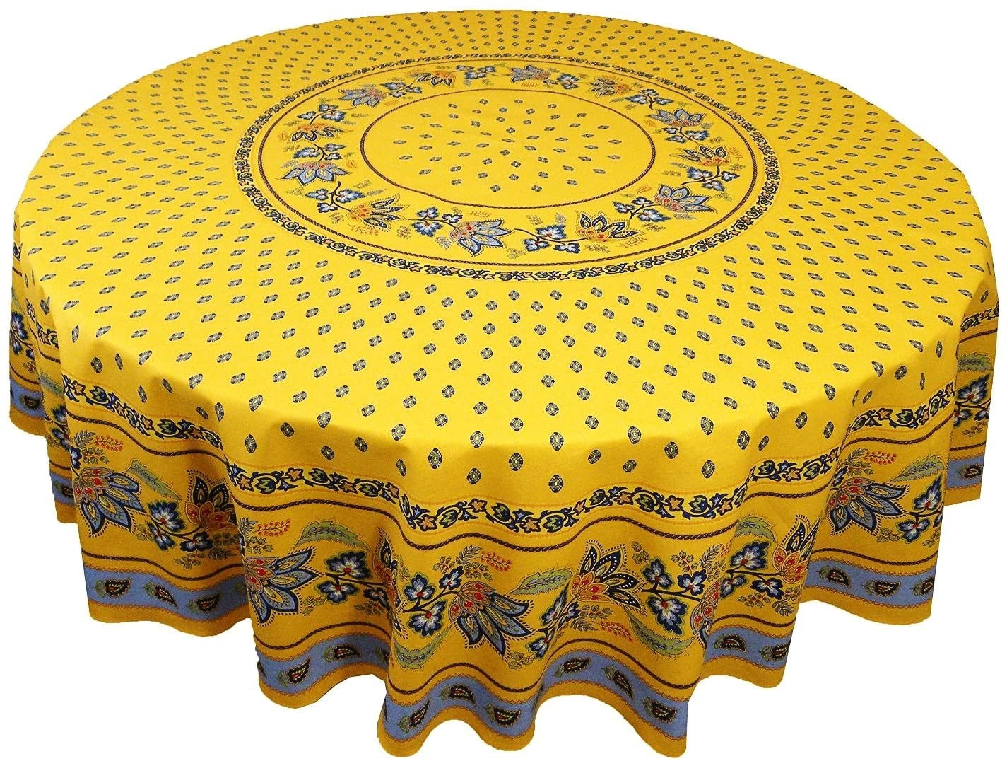 70" Round Lisa Yellow and Blue Treated Tablecloth