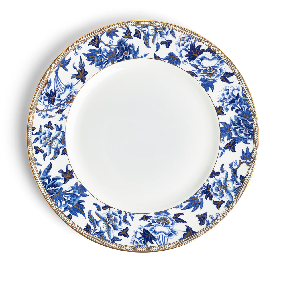 Front view of Hibiscus Accent Dinner Plate 10.75 inches showcasing blue floral pattern and textured edging on white background