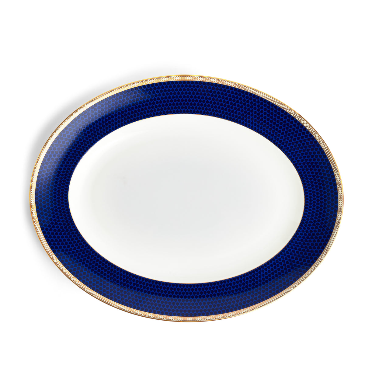 Front view of Wedgwood Hibiscus Oval Platter showcasing blue textured edging and geometric pattern on white background