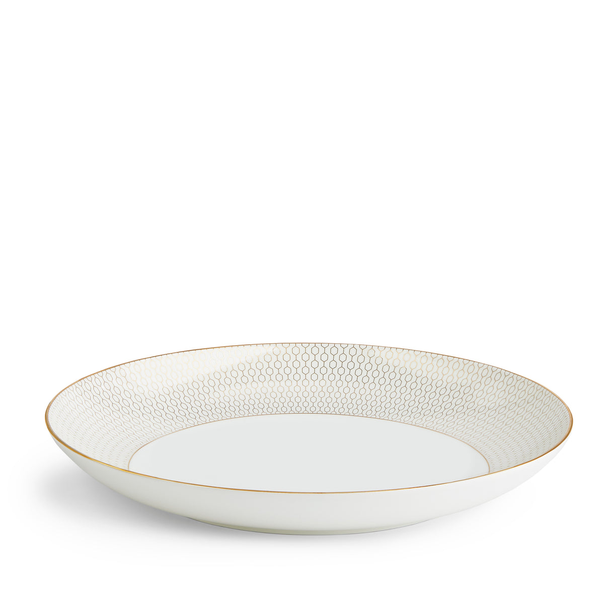 Front view of Gio Gold Pasta Bowl 11 inch showcasing embossed geometric pattern and gold rim on white background