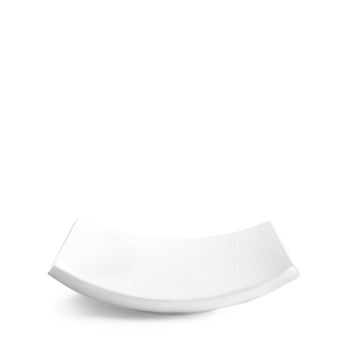 Front view of Gio Sculptural Bowl 10 inch showcasing its curved shape and embossed geometric pattern on a white background