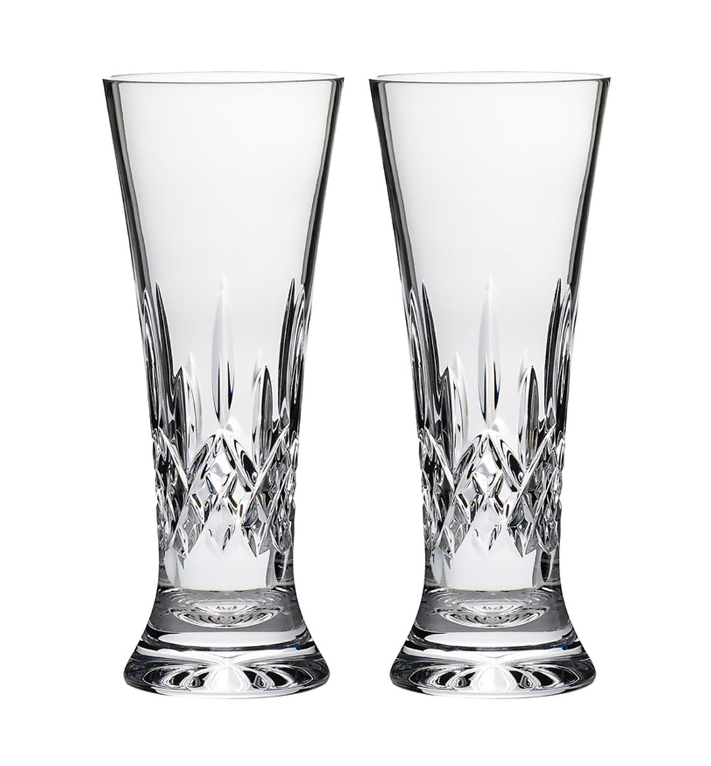 Front view of Waterford Lismore Pilsner 14 oz set of 2 showcasing crystal diamond and wedge cuts on a white background