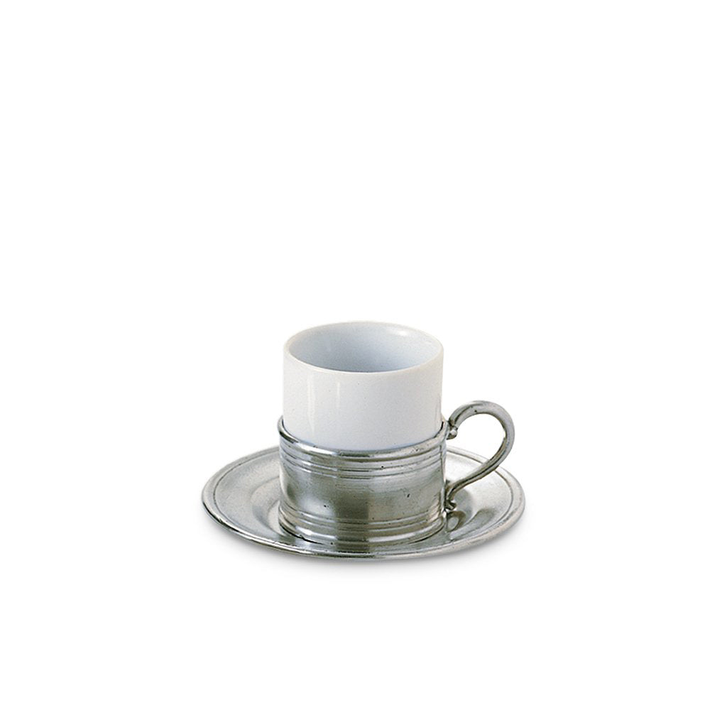 Front view of Espresso Cup with Saucer showcasing pewter foundation and matching saucer with white background