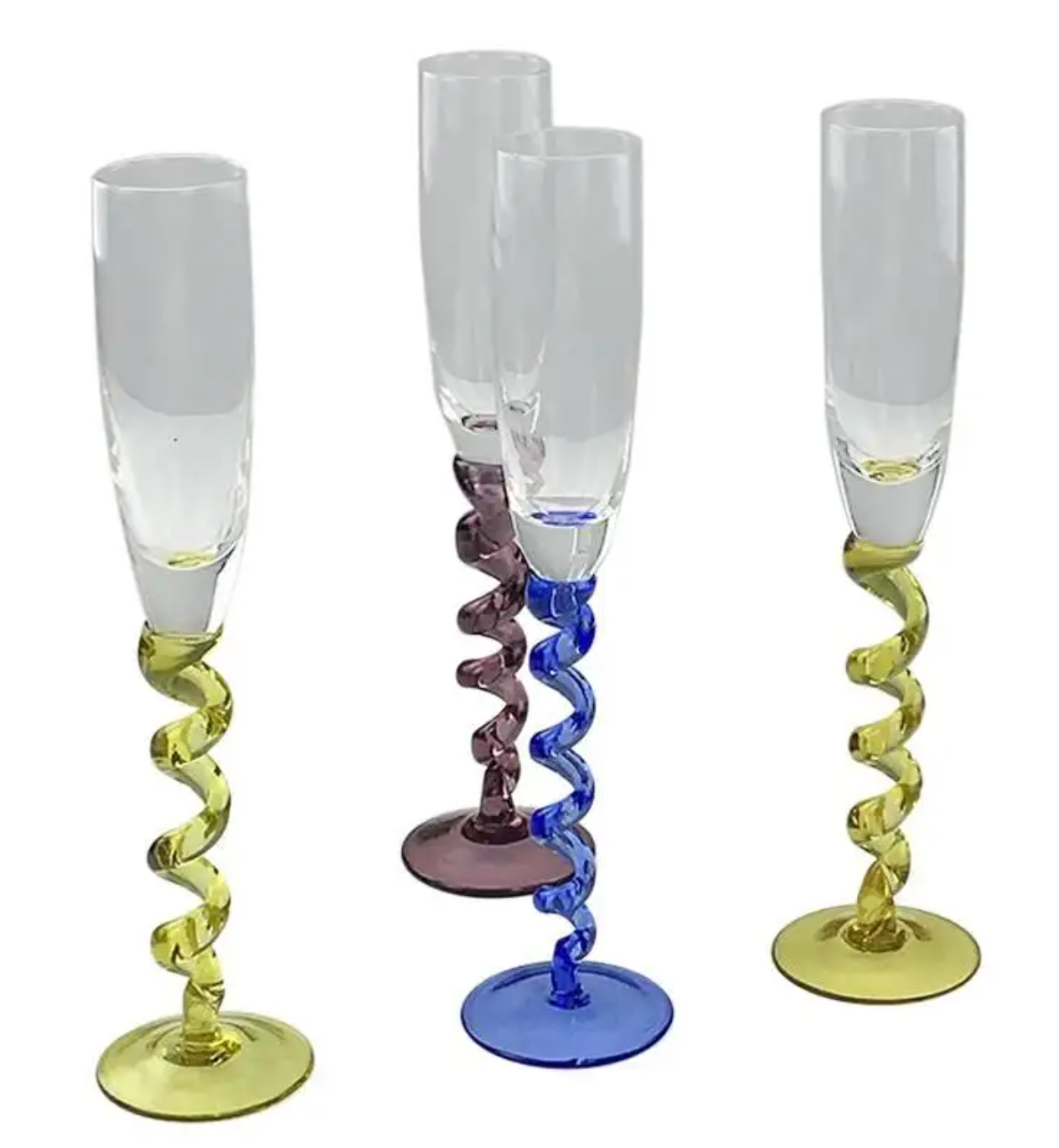Set of Four Colored Champagne Glasses, Flutes