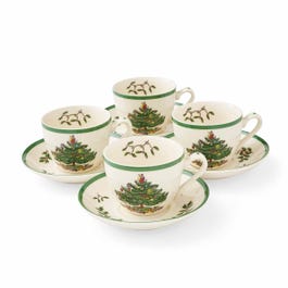 Christmas Tree Set of 4 Teacups & Saucers