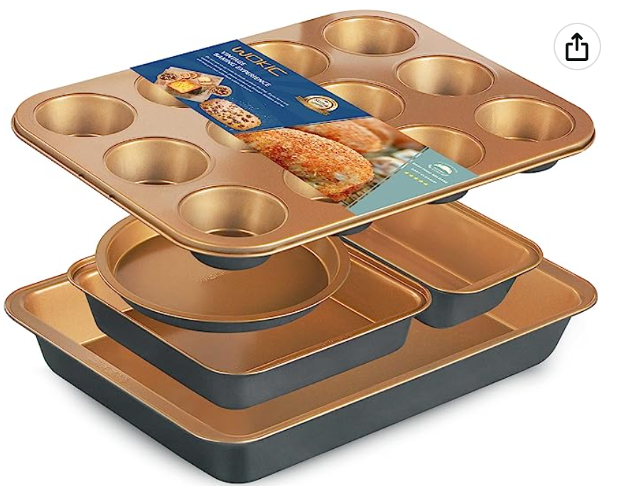 Wokic Nonstick Baking Pans Set - 5-Piece Baking Sheet with Round Cake Pan, Square Cake Pan, Loaf Pan, Muffin Pan, and Roasting Pan, Dishwasher Safe, Oven Safe, and Easy to Clean
