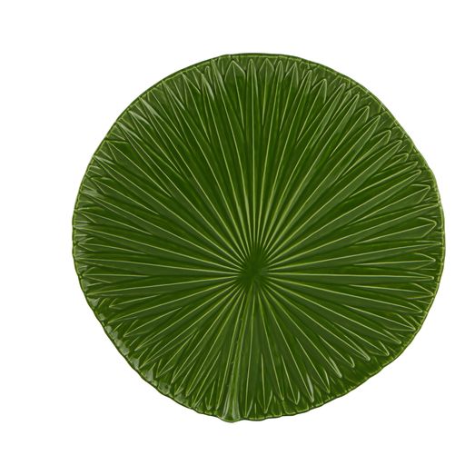 Top view of Amazonia Soup Plate showcasing dark green radial leaf pattern with a white background