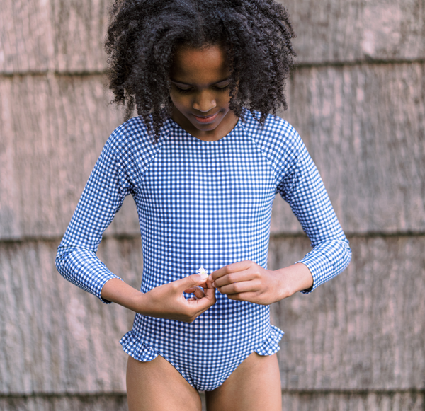 girls navy gingham rashguard one piece | minnow swim | Over The Moon