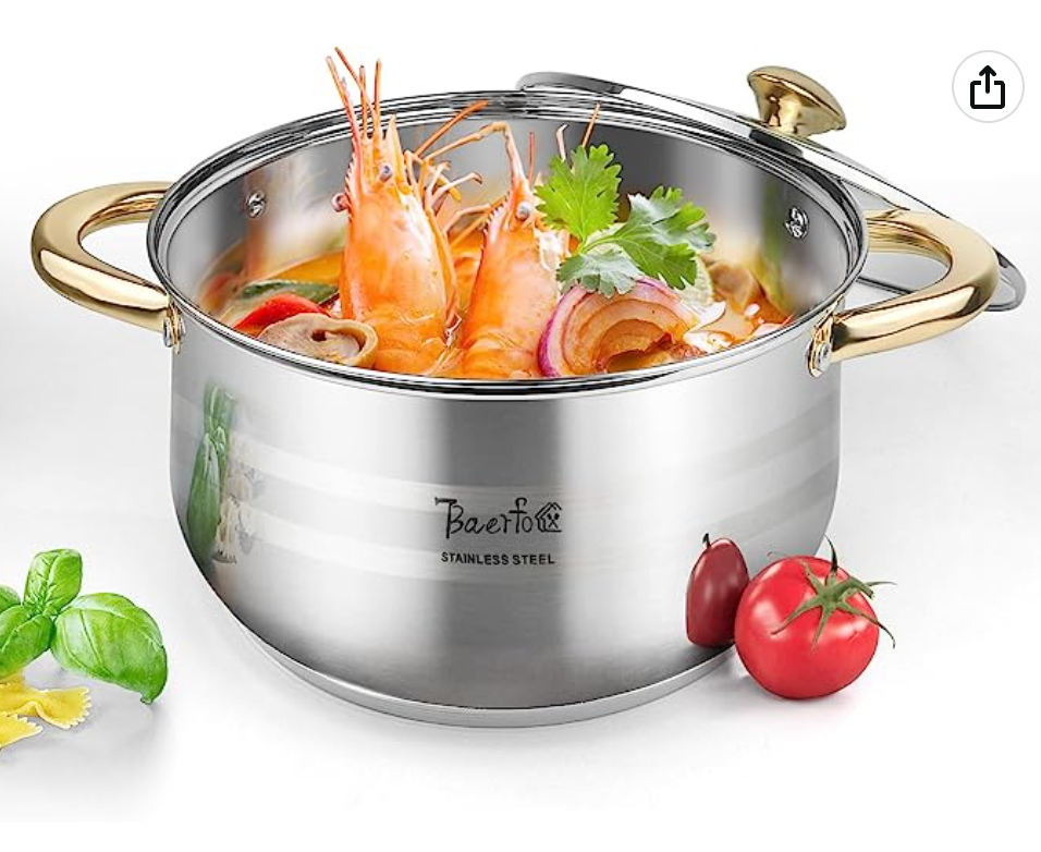 BAERFO 5 Quart Stock Pot, 5 Ply 18/10 Stainless Steel Cooking Stock Pot with Lid, 5 QT Soup Pot Healthy Stockpots, Induction, Oven,Gas and Dishwasher Safe soup Pot