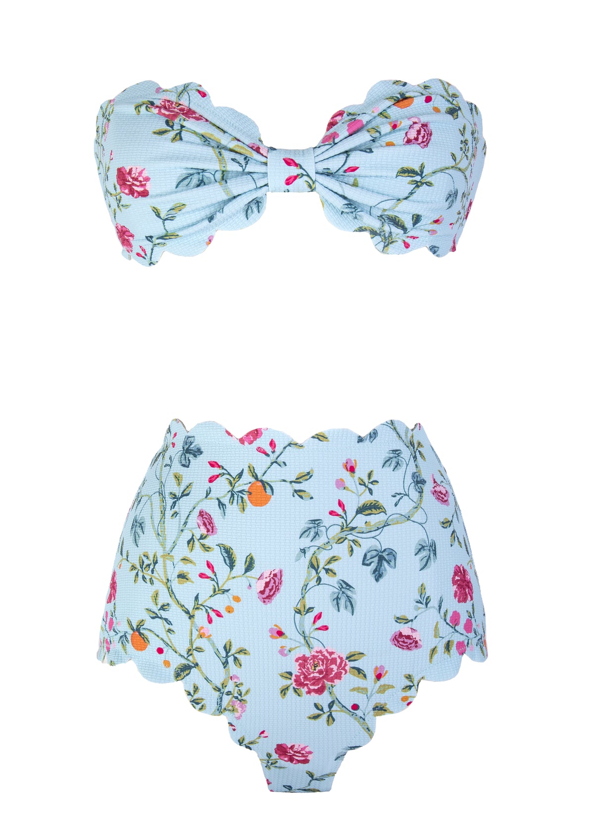 Front view of Santa Monica Bottom in Blue Floral showcasing high waisted coverage and scalloped edges on white background