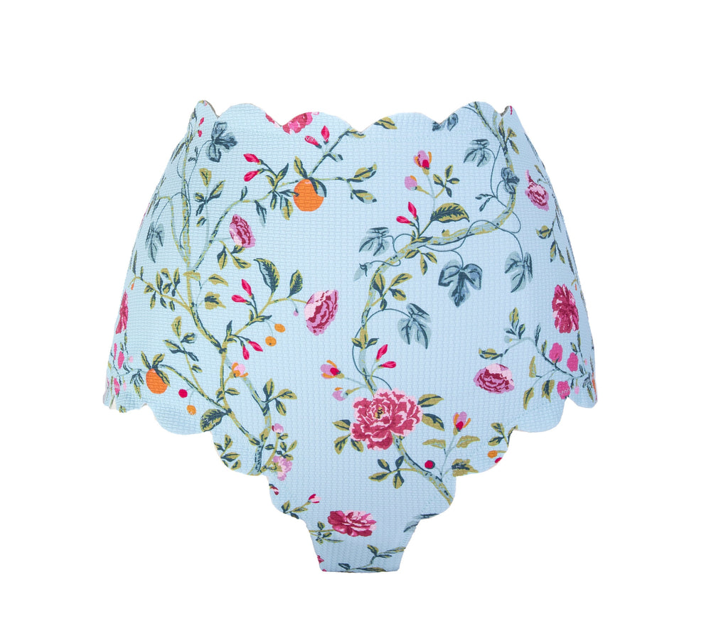 Front view of Santa Monica Bottom in Blue Floral showcasing scalloped edges and floral print on white background