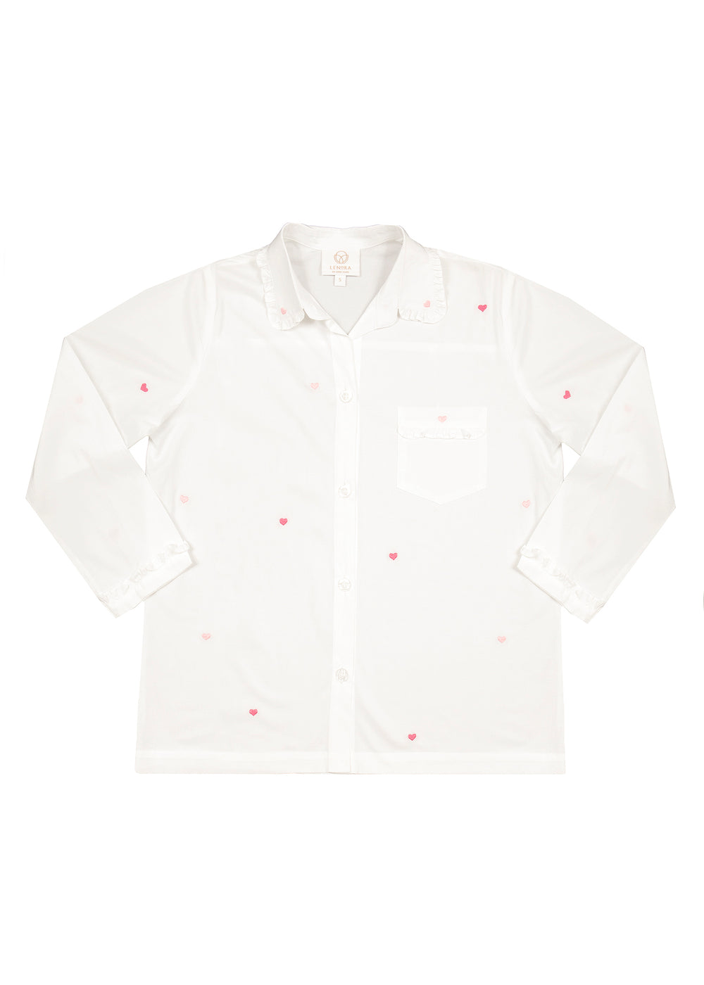 Flat lay of Josie Hearts pajama top showing small embroidered pink hearts, ruffled collar and pocket on white background