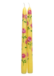 Yellow and Pink Peony Hand-Painted Taper Candles, Set of Two