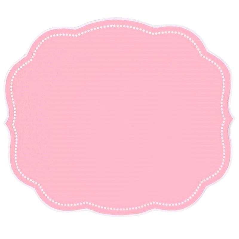 Front view of Charlotte placemat in pink, set of 4, showcasing scalloped edges and embroidered dot border on white background