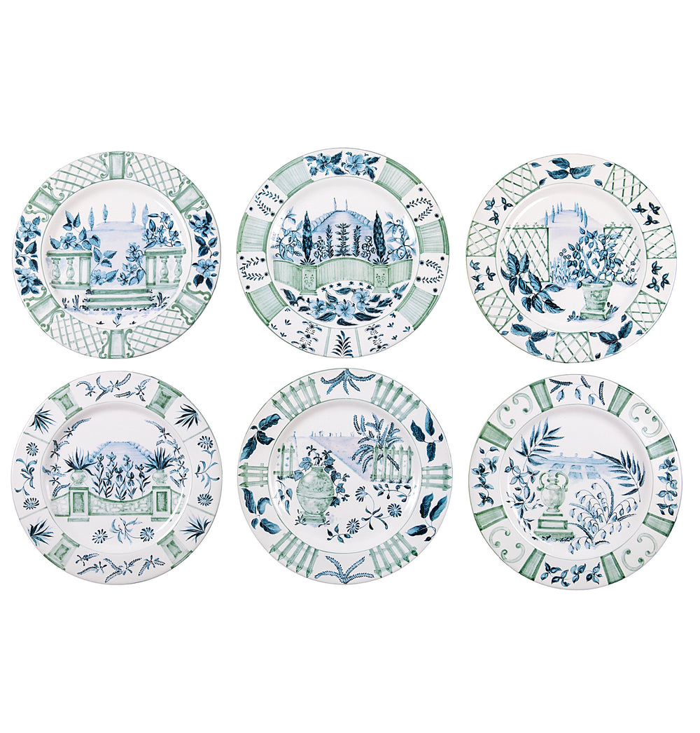 Front view of Blue Italian Views Plates Collection, Set of 6, showcasing blue and green Italian countryside illustrations
