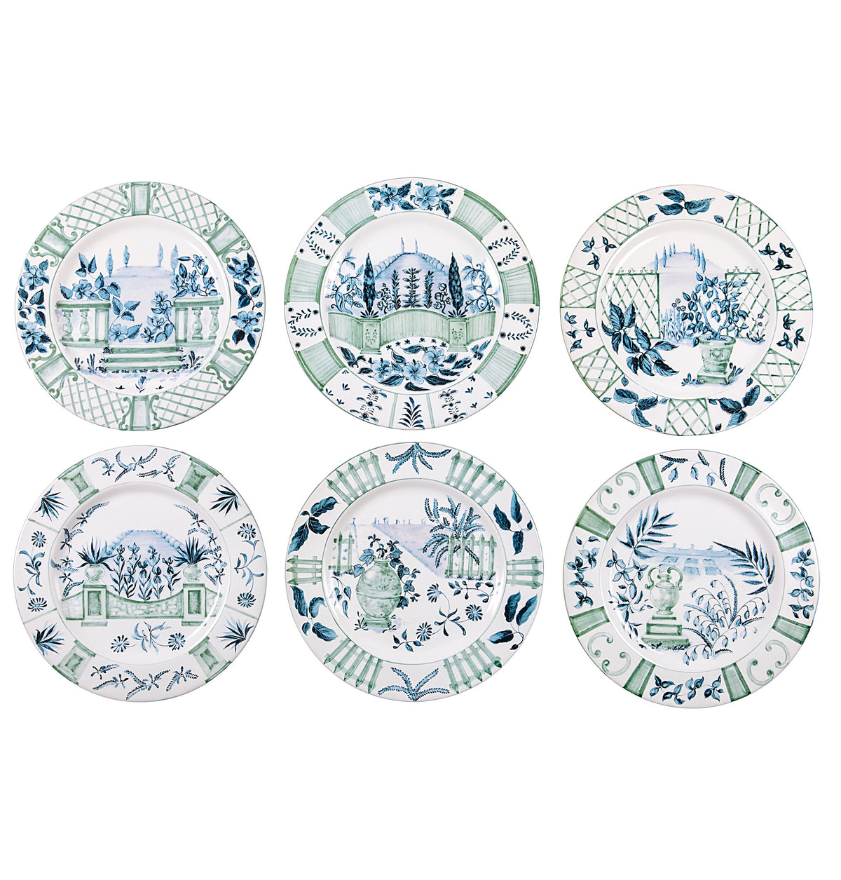 Front view of Blue Italian Views Plates Collection, Set of 6, showcasing blue and green Italian countryside illustrations