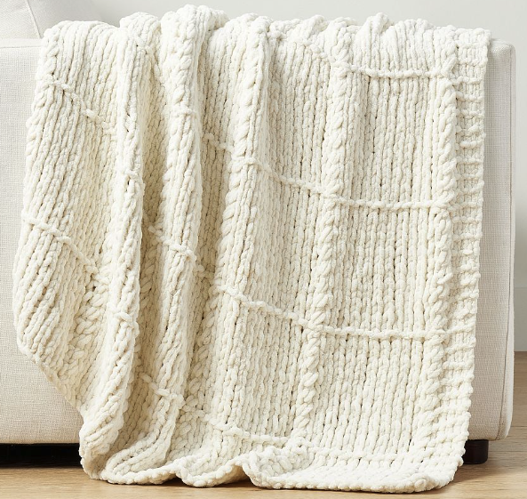 Chenille Windowpane Throw, Ivory