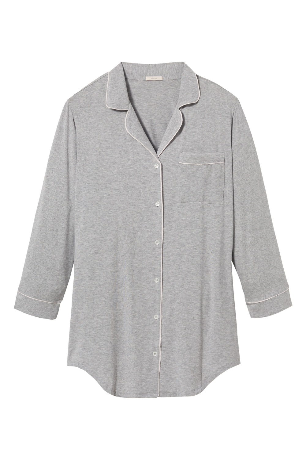 Front view of Gisele Sleepshirt in heather grey showcasing button-front, notch collar, chest pocket, contrast piping, and curved hem on white background