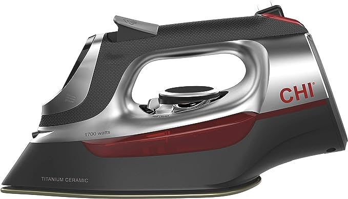 CHI Steam Iron for Clothes with Titanium Infused Ceramic Soleplate, 1700 Watts, Electronic Temperature Control, 8' Retractable Cord, 3-Way Auto Shutoff, 400+ Holes, Professional Grade, Silver (13102)