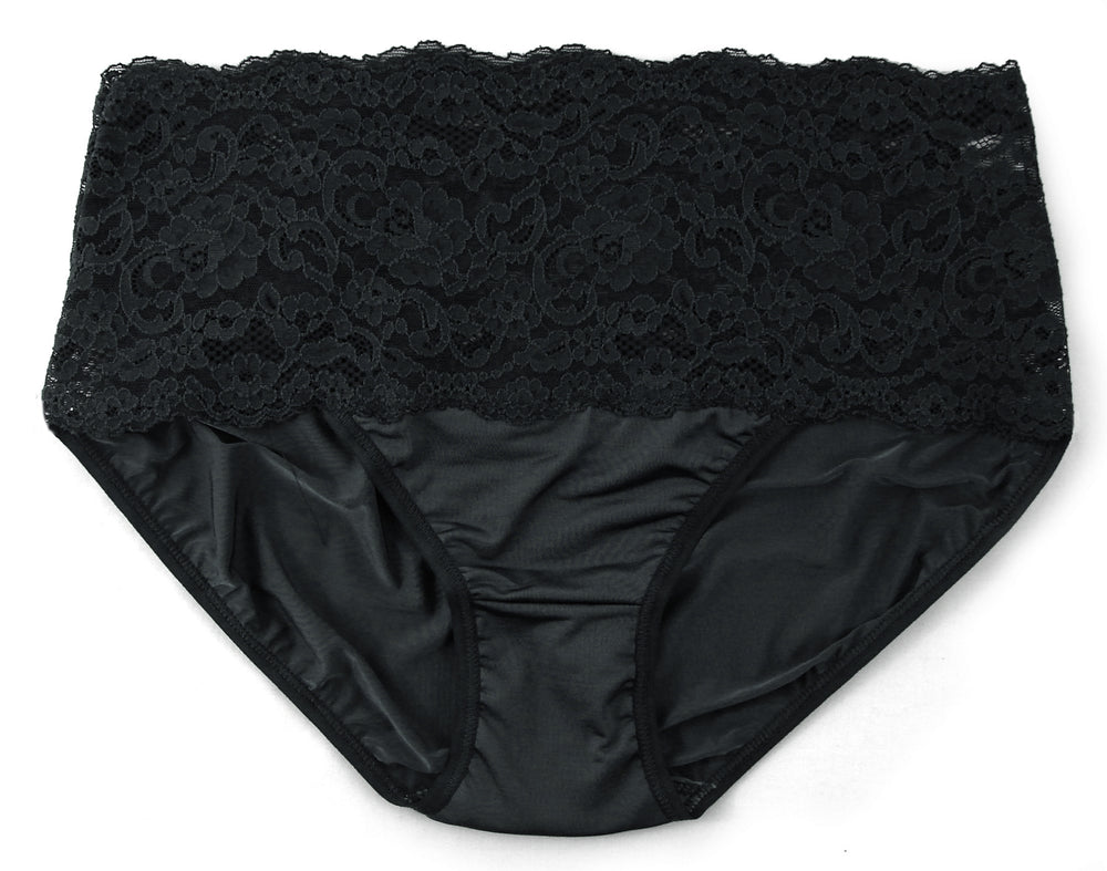 Front view of Silky Skin hi-rise panty showcasing wide lace waistband and smooth silky body on white background