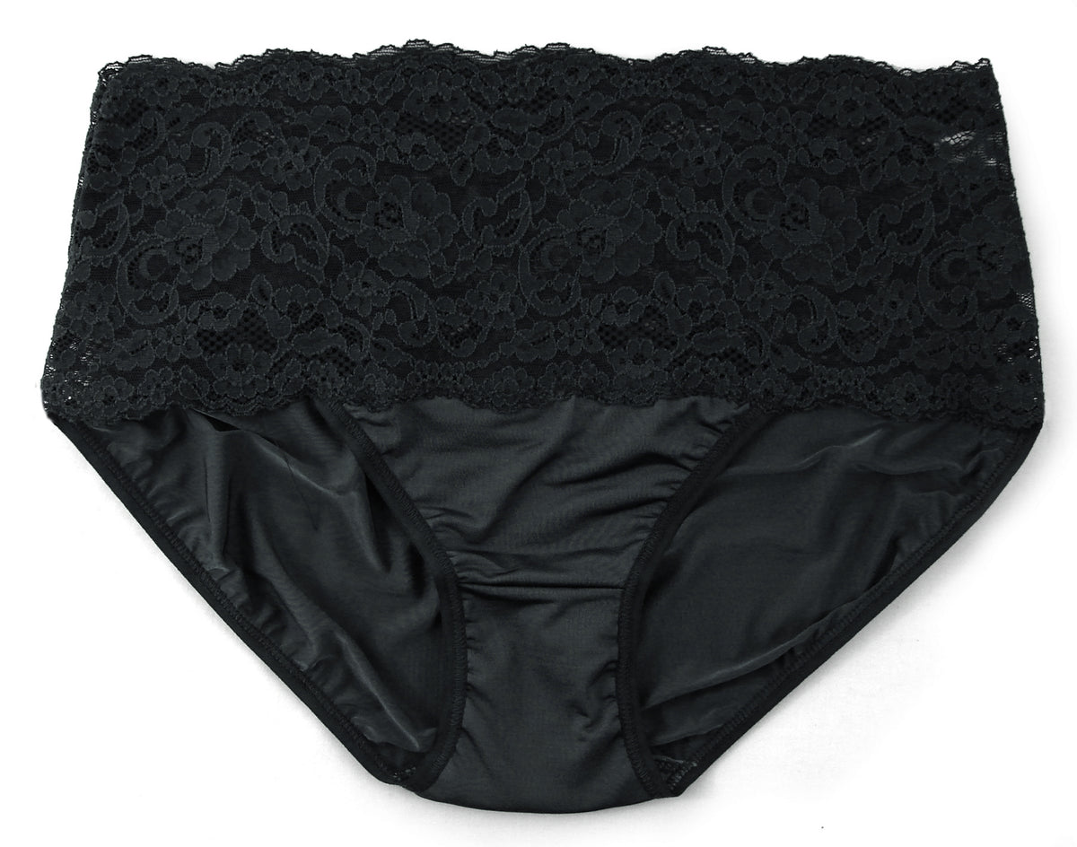 Front view of Silky Skin hi-rise panty showcasing wide lace waistband and smooth silky body on white background