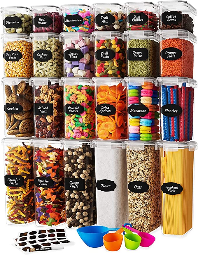 Airtight Food Storage Containers Set with Lids (24 Pack) for Kitchen and Pantry Organization - BPA Free Kitchen Canisters for Cereal, Rice, Flour & Oats - Free Marker and 24 Labels