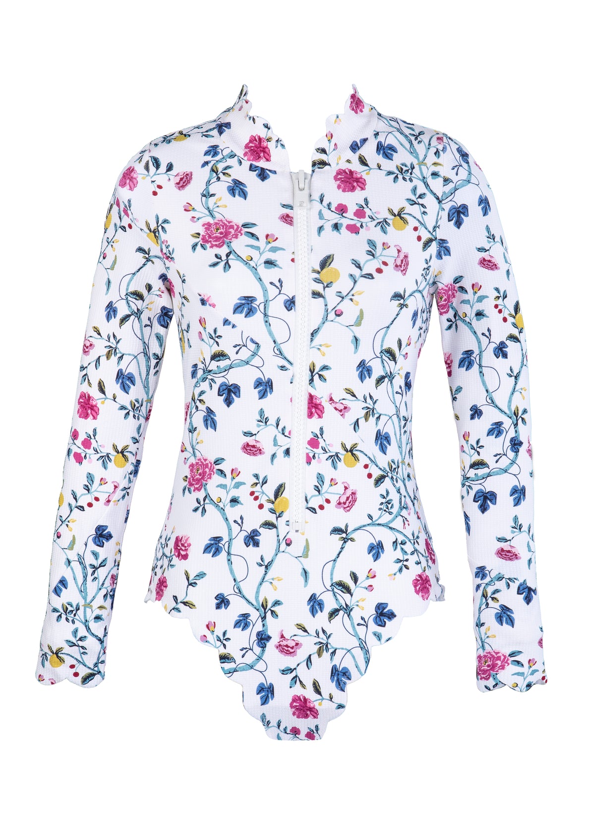 Front view of North Sea Rashguard showcasing blue floral print and full zip with white background