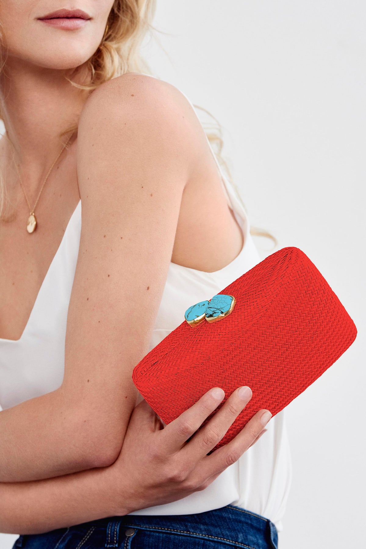 Jen Clutch with Turquoise Stone in Red