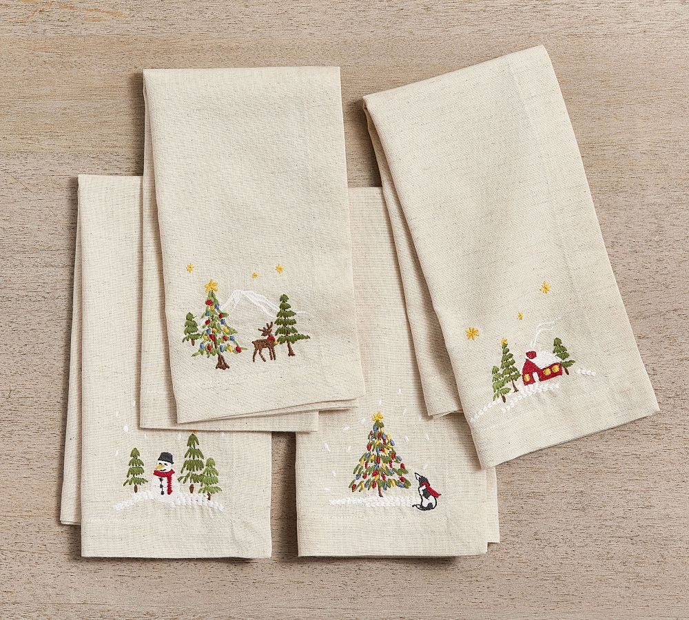 Christmas in the Country Embroidered Cotton/Linen Napkins - Set of 4
