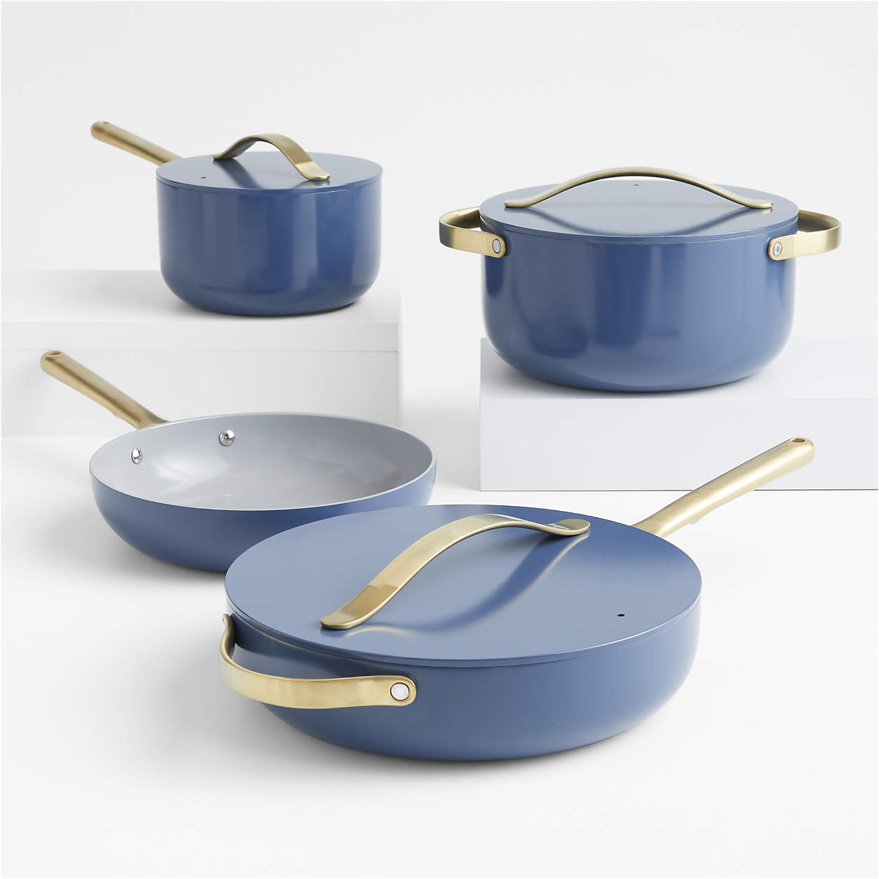 7-Piece Sapphire Blue Non-Stick Ceramic Cookware Set with Gold Hardware