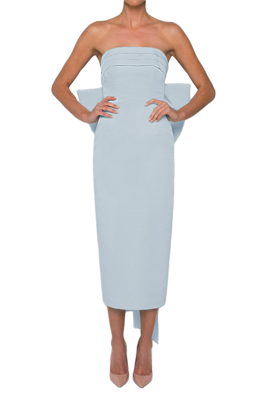 Front view of the light blue Margaret Dress showcasing its pleated strapless neckline and oversized bow with a white background